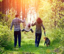 Two adults swinging a child in air and walking a dog through a forest.