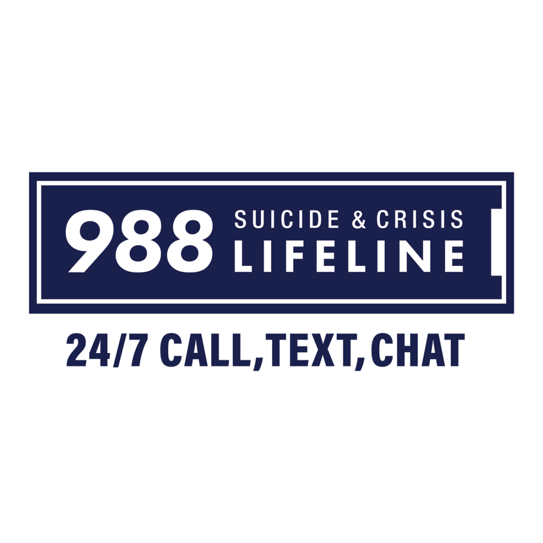 988 Suicide & Crisis Lifeline - 24/7 call, text, chat on a white background