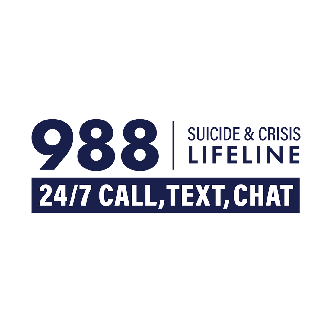 988 Suicide & Crisis Lifeline - 24/7 call, text, chat on a white background