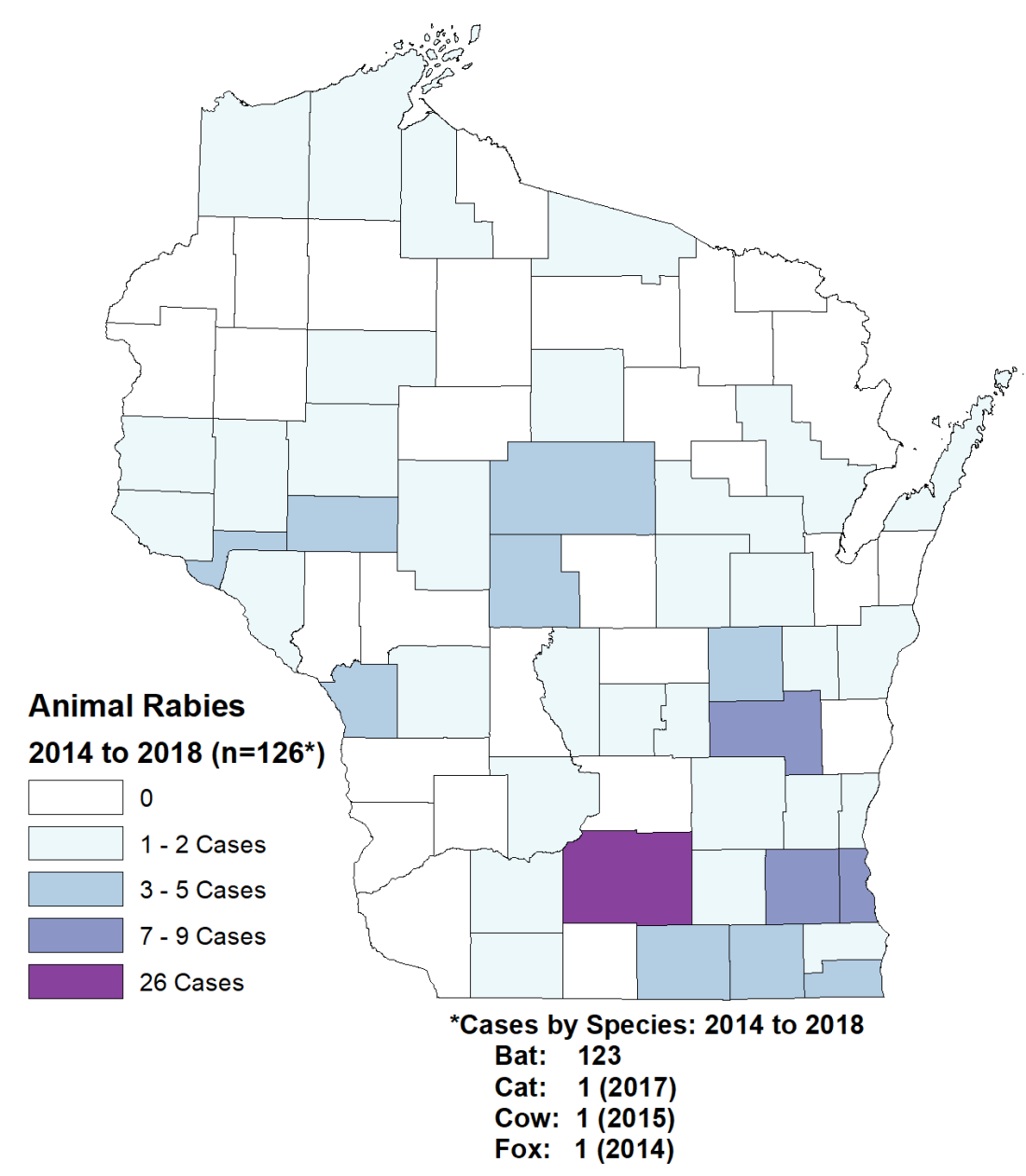 Map showing rabies cases 2014-2018