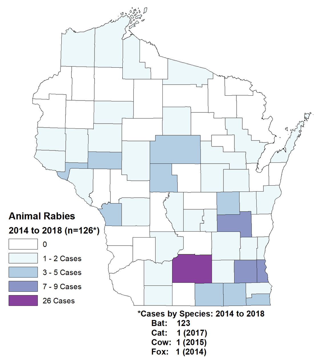 Map showing rabies cases 2014-2018