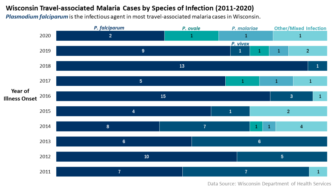 Wisconsin travel-related malaria cases, by species