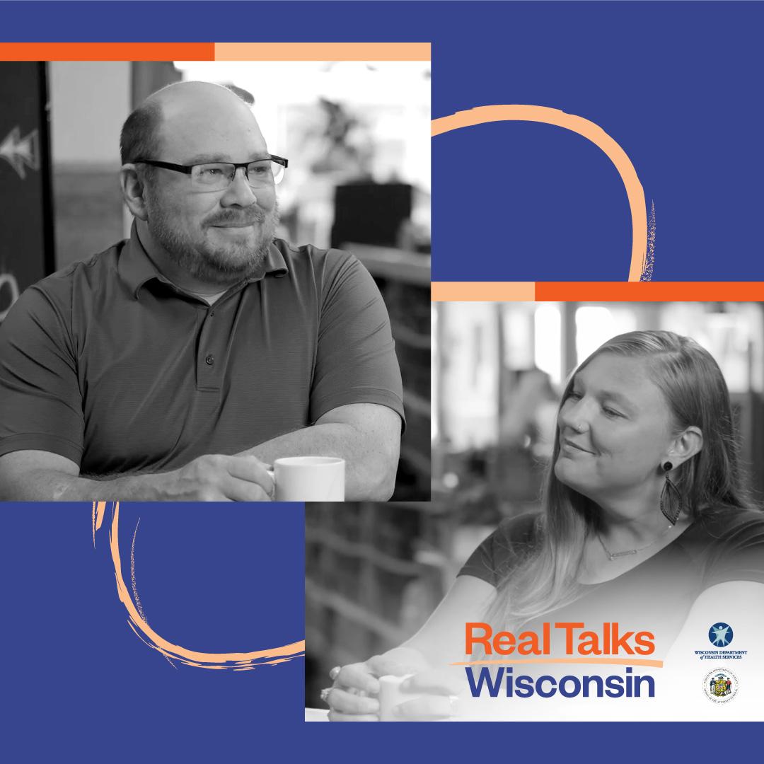 Two photos of people smiling with Real Talks Wisconsin logo and branding