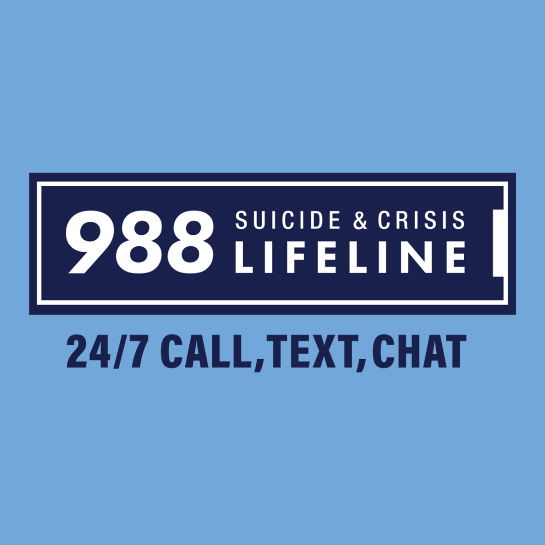 988 Suicide & Crisis Lifeline - 24/7 call, text, chat on a blue background