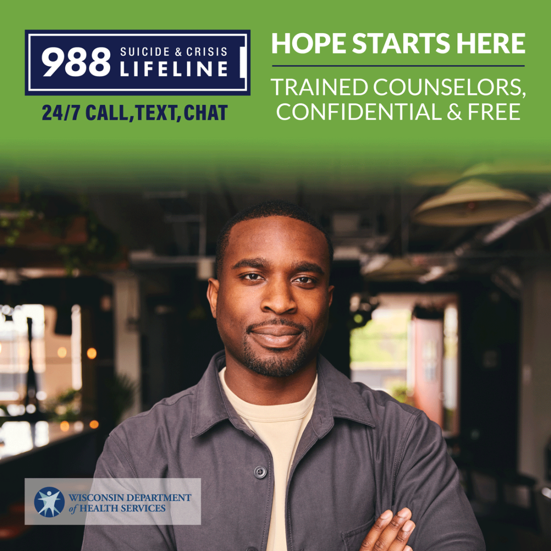 Adult - Hope starts here - 988 Suicide & Crisis Lifeline 24/7 Call, Text, Chat