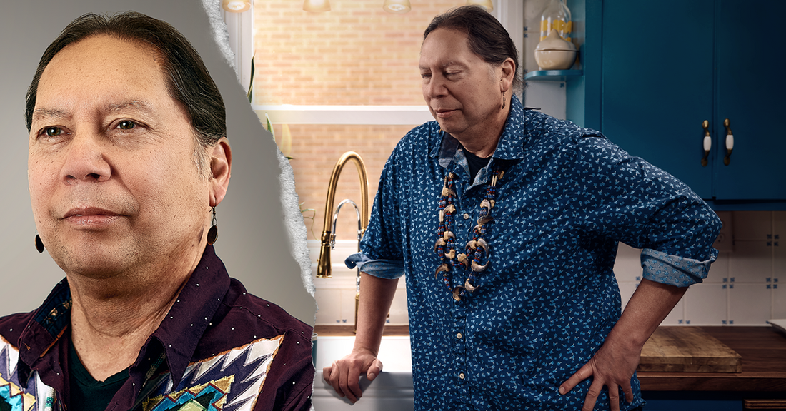 Person looking serious with a blank background on left. Same person on the right in a kitchen with arm on hip.