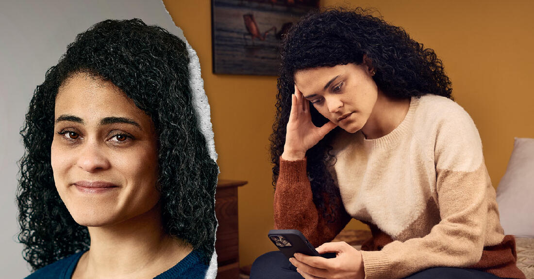 Person looking serious with a blank background on left. Same person on right scrolling through items on a cell phone.