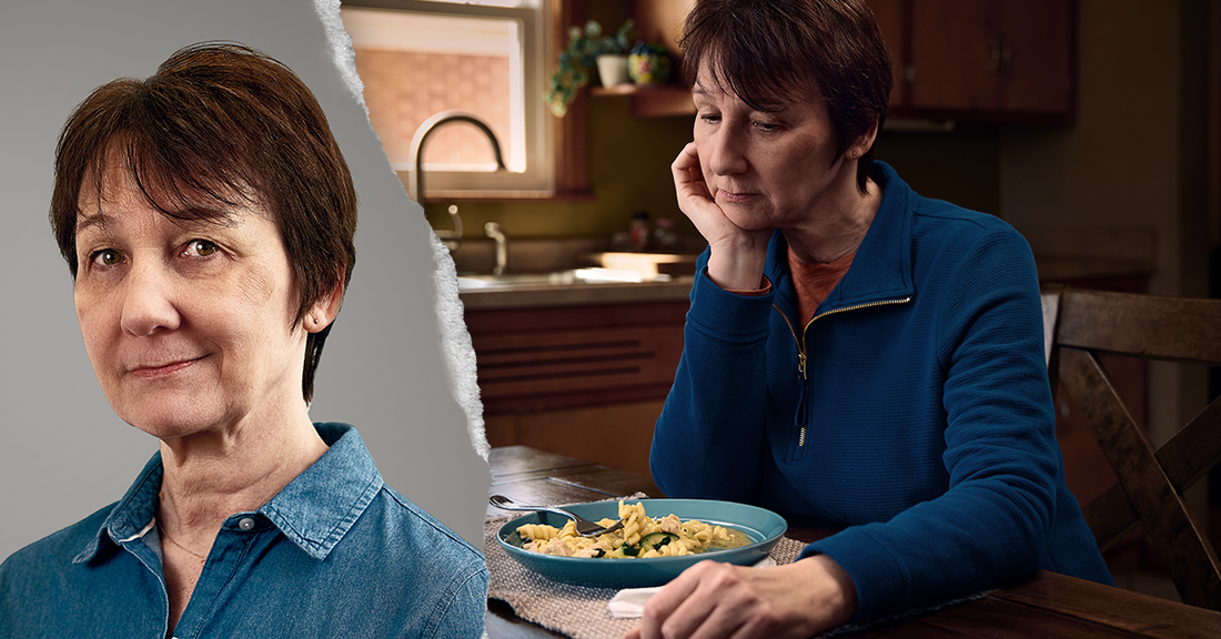 Person looking serious with a blank background on left. Same person on the right at dining room table with food not eating.