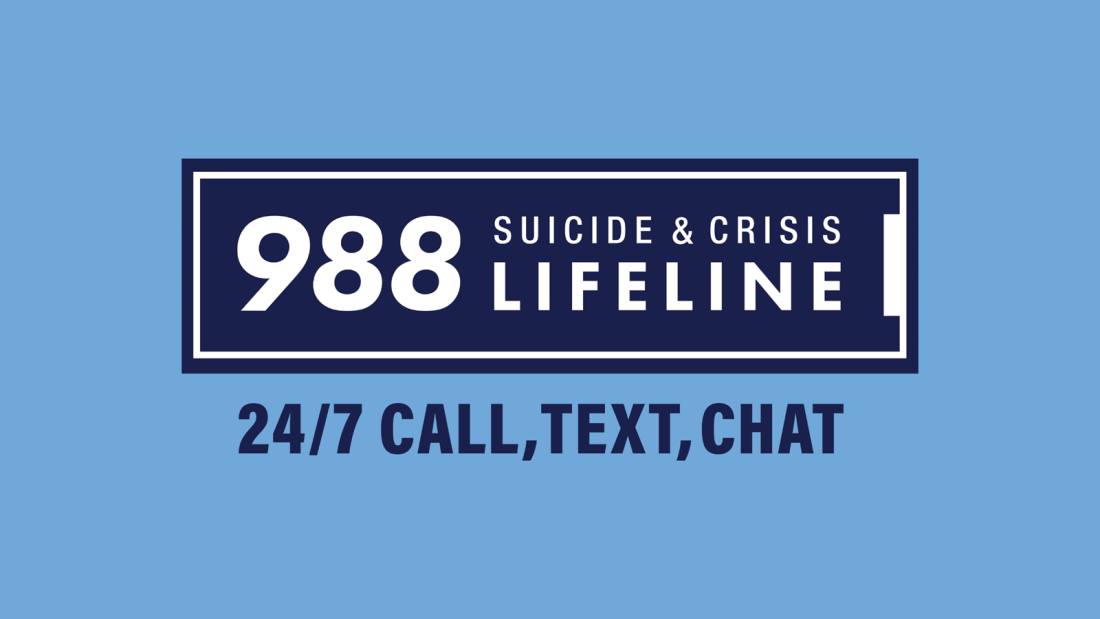 988 Suicide & Crisis Lifeline - 24/7 call, text, chat on a blue background