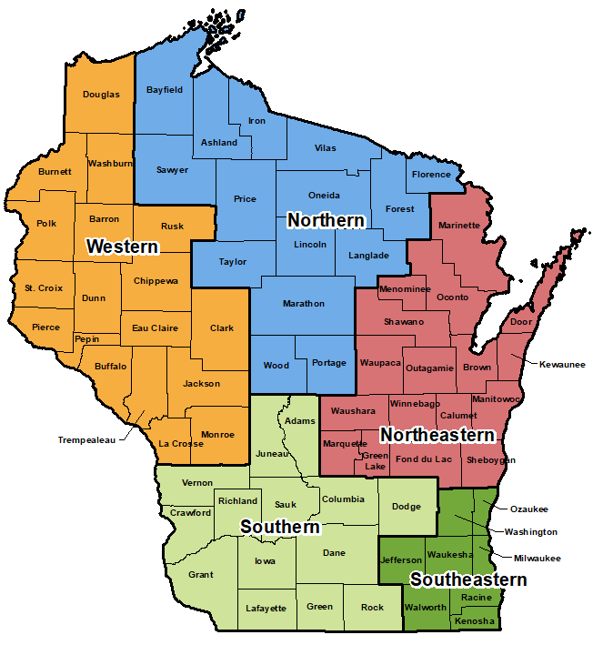 State of Wisconsin highlighting regions used by area administration.