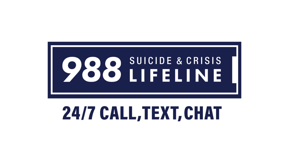 988 Suicide & Crisis Lifeline - 24/7 call, text, chat on a white background
