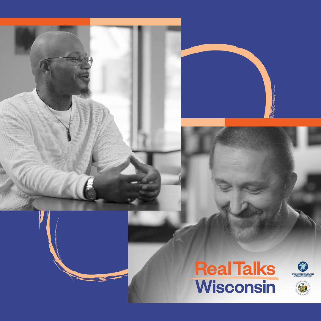 Two photos of people smiling with Real Talks Wisconsin logo and branding