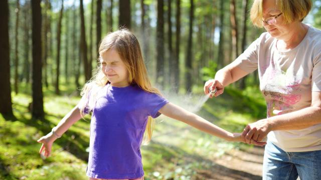 Adult applying insect repellent to a child at a park Adult applying insect repellent to a child at a park