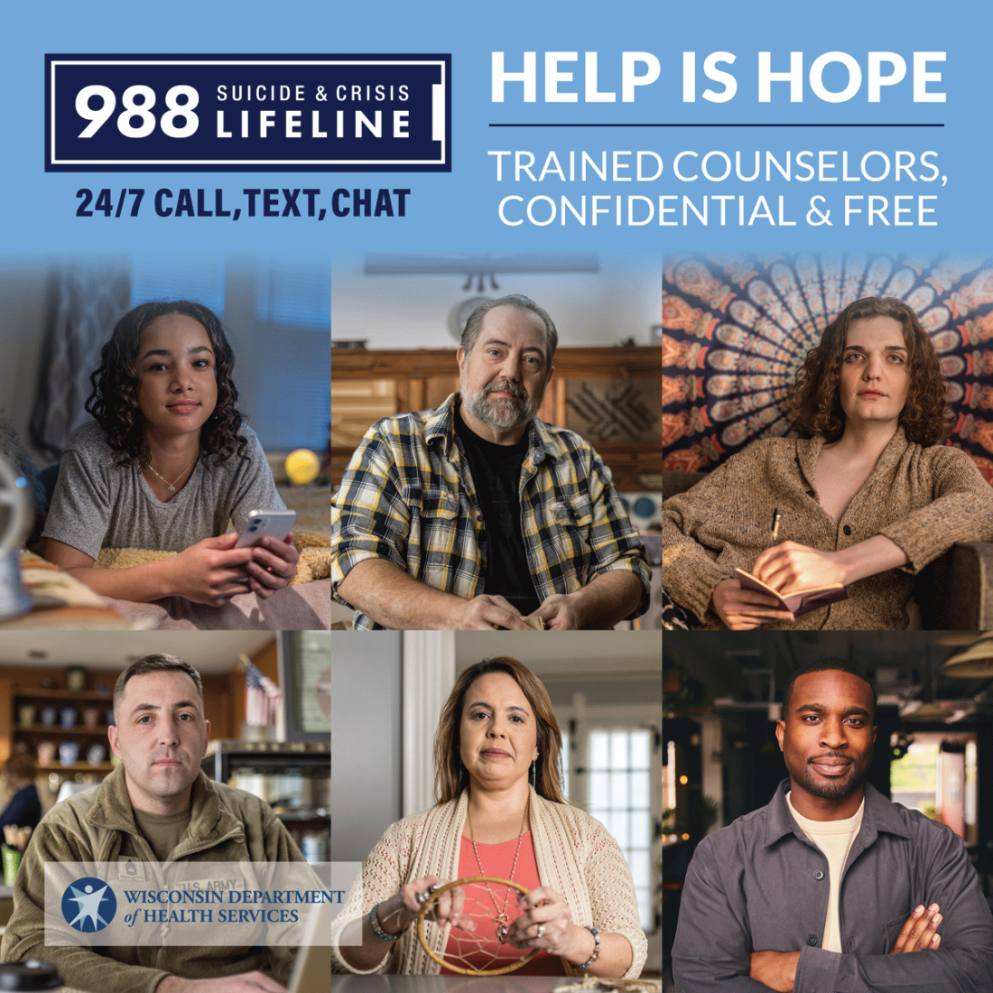 Collage of people - Help is hope - 988 Suicide & Crisis Lifeline 24/7 Call, Text, Chat